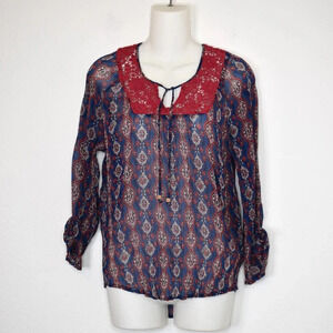 Lucky Brand Floral Crochet Peasant Blouse Sz M Crinkle Sheer Southwestern Boho